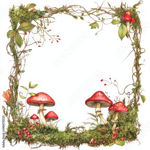 Square frame with autumnal foliage, red mushrooms, and moss
