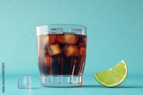 A glass of cola with ice cubes and a lime wedge on a teal background photo