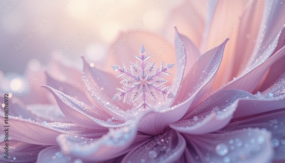 Fototapeta premium Delicate snowflake rests on a soft, pastel flower.