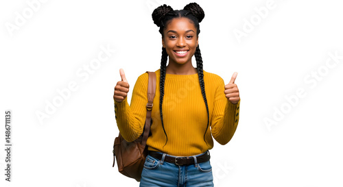 Smiling young girl black male afro hair student holding a book and showing thumb up sign, isolated on transparent background