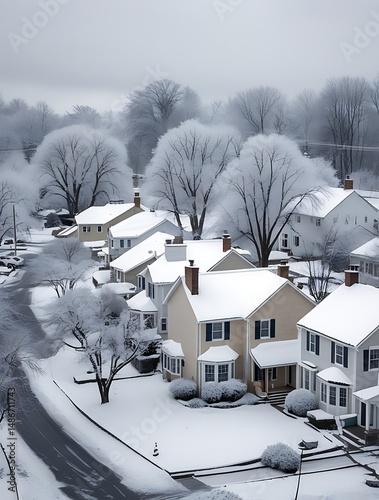 Aerial winter scene of a suburban neighborhood covered in fresh snow, with frosted trees and quiet streets, capturing the peaceful beauty of a serene snowy morning.
