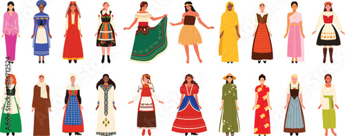 Folk woman in ethnic traditional different dress set. Girls wearing history clothes of Malaysia and South Africa, Thailand and Mexico, Vietnam and China, Netherlands cartoon vector illustration