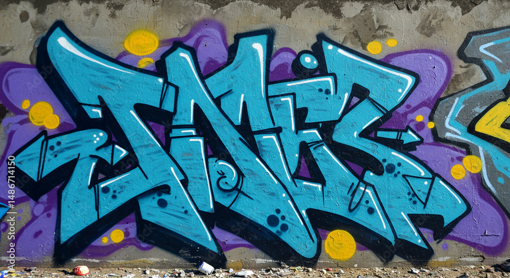 Naklejka premium Urban Wall Aesthetics: Contemporary Graffiti Art Depicting Dynamic Letterforms with Striking Teal Accents on a Concrete Facade