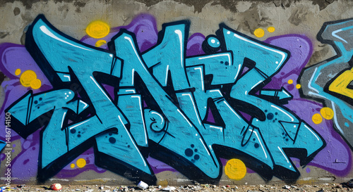 Wallpaper Mural Urban Wall Aesthetics: Contemporary Graffiti Art Depicting Dynamic Letterforms with Striking Teal Accents on a Concrete Facade Torontodigital.ca