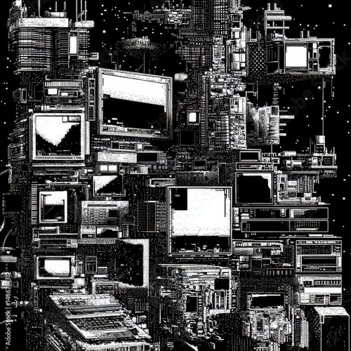 Pixelated cityscape of electronic devices.  A dense arrangement of vintage screens, circuit boards, and outdated tech, stacked high like skyscrapers