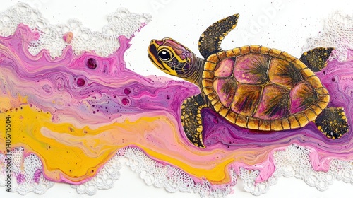 Colorful abstract art featuring a small turtle.