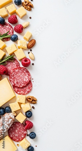 Assortment of cheese, salami, and fruits arranged on a white background  