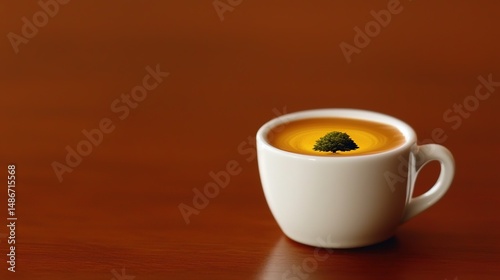 Espresso Cup with Tree Reflection, and Wood Table.