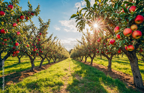 Golden Sunlight Shining Through Apple Orchard Rows at Harvest