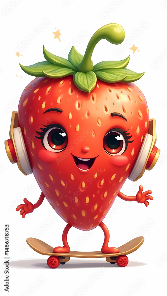 Fototapeta premium Cheerful cartoon strawberry wearing headphones, riding a skateboard against a bright, plain white background