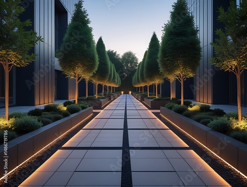 Modern illuminated garden walkway lined with symmetrical trees and sleek architectural design elements, creating a serene and elegant path between contemporary buildings at twilight

