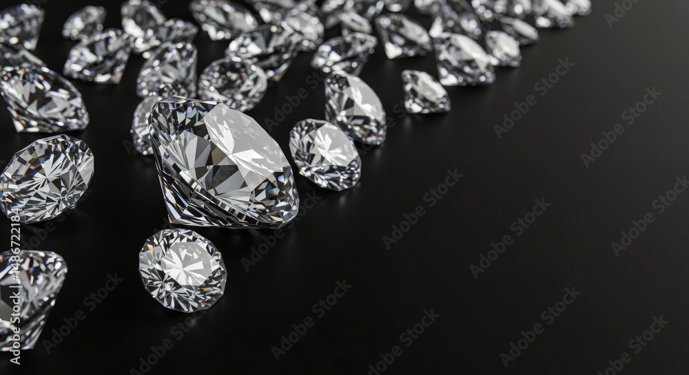 Scattered sparkling diamonds on a sleek black background Scattered sparkling diamonds on a sleek black background