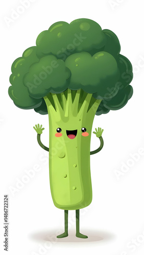 A cute, cartoon broccoli character stands smiling with tiny arms raised on a white background, showing green details