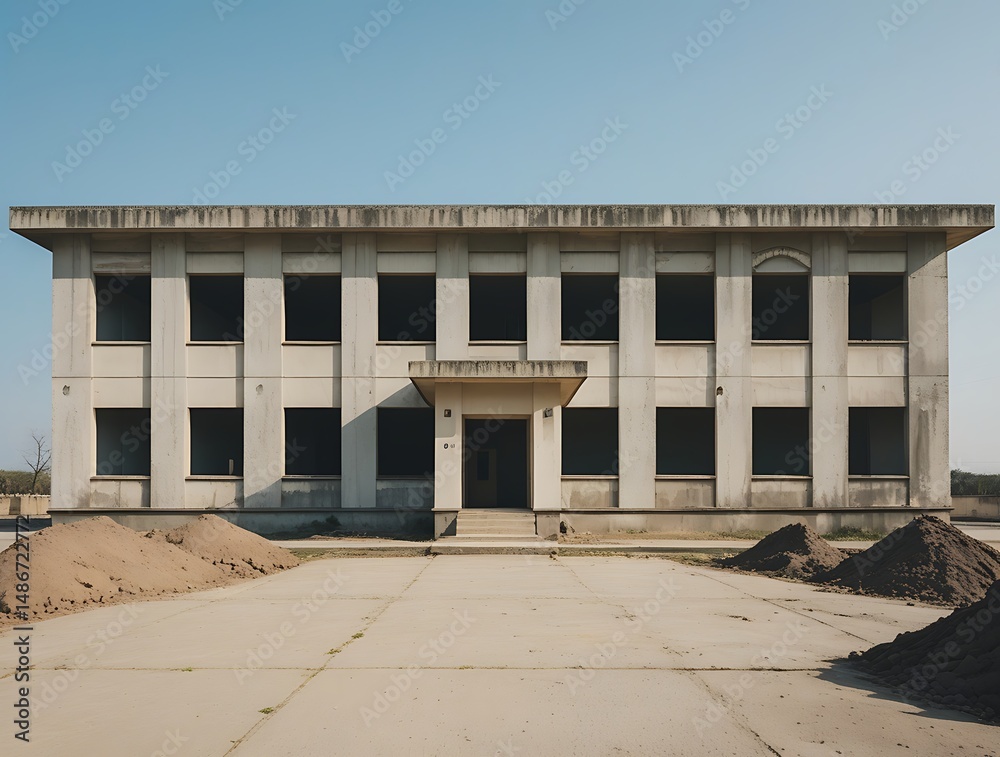 Fototapeta premium Front view of an old abandoned institutional building under renovation with sand piles in the courtyard, symbolizing decay, transformation, construction, and urban redevelopment