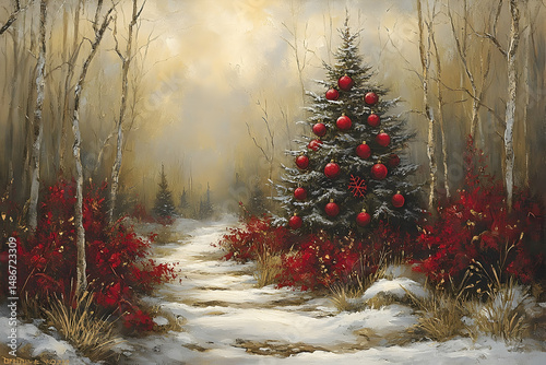 Snowy Forest Path Leads to Christmas Tree Adorned with Red Ornam