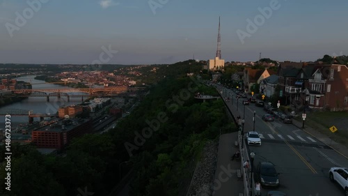 Pittsburgh City Downtown Rivers Bridges Boats Summer Sunset Sunrise Drone Aerial 4K photo