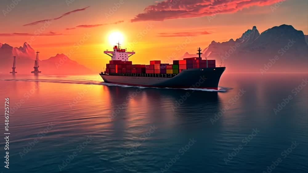 Container ship at sunset transporting goods across calm waters global logistics and transportation concept Container ship at sunset transporting goods across calm waters global logistics and transportation concept