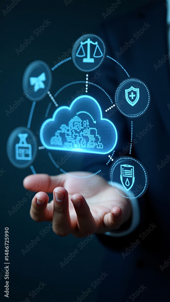 Fototapeta premium A hand holding a cloud with technological icons representing various services