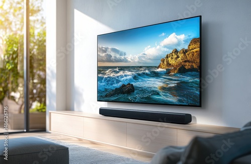 Modern living room setup with a large TV and soundbar