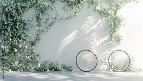 White bike with flowering wall, and sunlight. photo