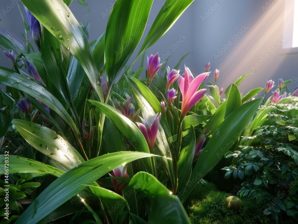 Obraz premium Tropical Flower Garden, Pink Bloom, Greenery, Nature Background, Fresh Aesthetic