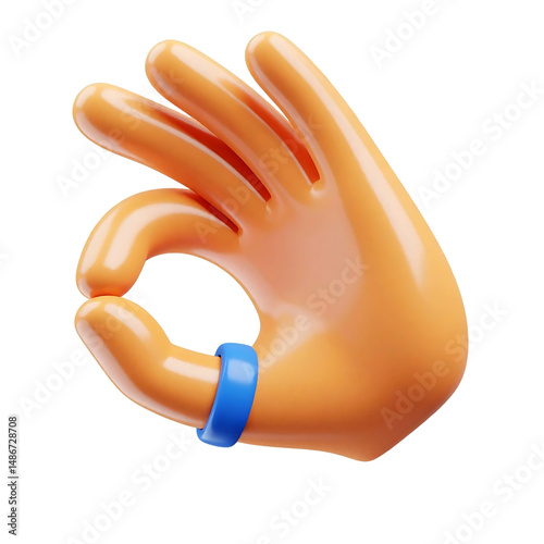 Ok sign icon, okay gesture. Hand with blue sleeve and simple hand shows ok sign. Cartoon plastic style icon photo