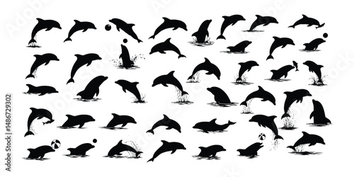 Dolphin Silhouette Vector Collection in Playful and Jumping Poses .