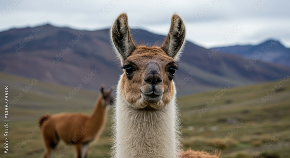 Obraz premium A captivating llama portrait against a backdrop of Andean mountains