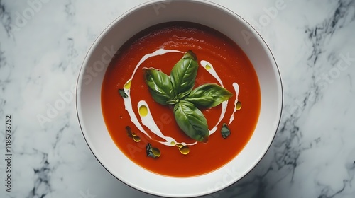 Fototapeta Naklejka Na Ścianę i Meble -  Tomato Soup with Basil and Cream Garnish
