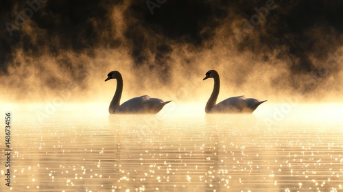 Fototapeta Naklejka Na Ścianę i Meble -  Two swans in morning mist, bathed in golden light.