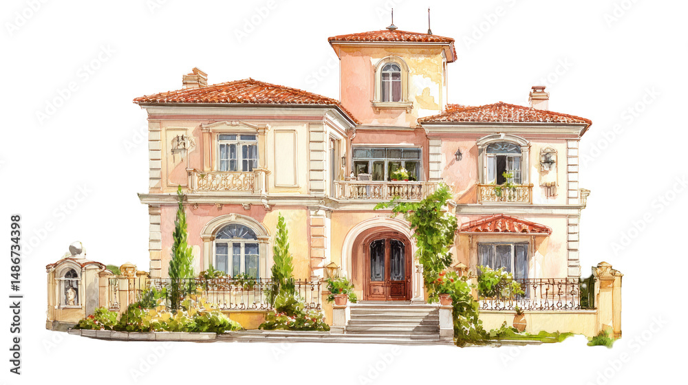 Fototapeta premium Watercolor Elegant Luxury Villa Clipart Architectural Illustration on Transparent Background