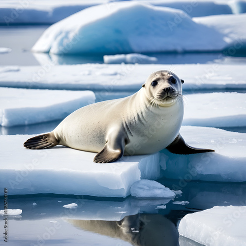 an image of a seal laying on top of a piece of ice, there is a seal that is laying on top of the ice