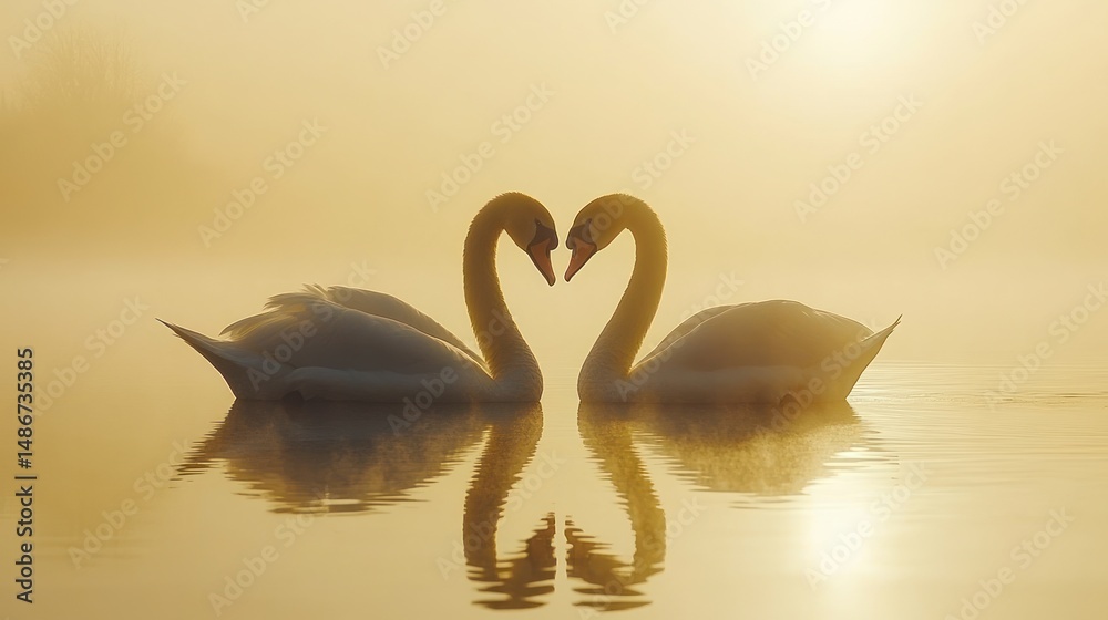 Fototapeta premium Two swans in a serene morning mist, forming a heart shape.