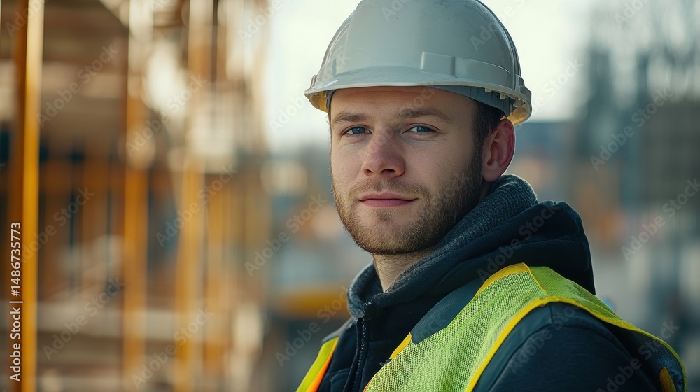 Fototapeta premium A young European male construction worker wearing a hard hat and safety vest poses confidently at a construction site, showcasing his dedication to the industry and safety.