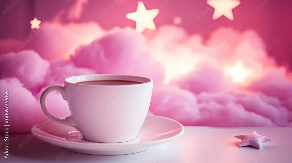 Fototapeta premium Pink cloud dreamy scene with coffee cup.