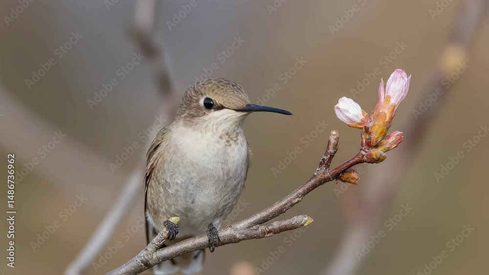 Anna's Hummingbird Perched on Branch with Blossoms