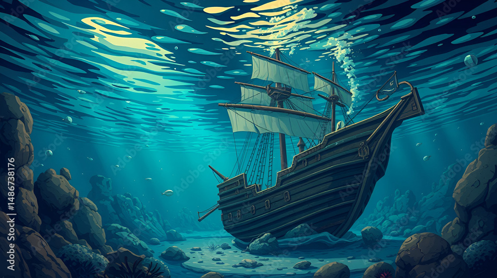 Fototapeta premium Underwater scene of a sunken pirate ship. Pirate. Illustration