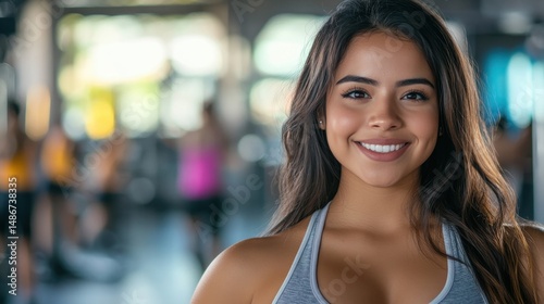 A young Hispanic woman smiles confidently in a fitness setting, embodying health and vitality. The background features an active gym atmosphere with blurred individuals. Free Download A young Hispanic woman smiles confidently in a fitness setting, embodying health and vitality. The background features an active gym atmosphere with blurred individuals. - GFXLoad