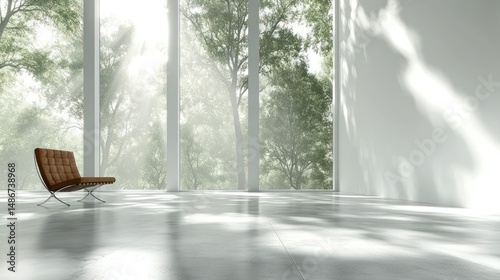 Wallpaper Mural Modern minimalist interior with a leather chair, bathed in sunlight filtering through tall windows overlooking a foggy forest Torontodigital.ca