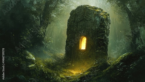 Ancient stone structure in a mystical forest, bathed in golden light photo