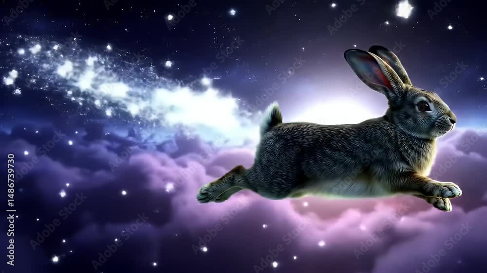 Rabbit Soaring Through Starry Sky with Magical Trail Slow Motion