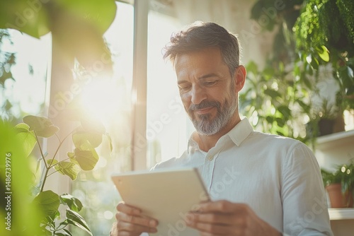 Man using digital tablet indoors