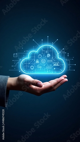 A hand holding a glowing cloud computing graphic, showcasing technology and innovation. This image conveys the concept of cloud computing, data storage, and digital transformation