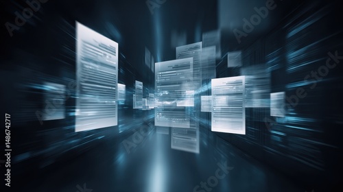 Futuristic Data Flow with Floating Transparent Documents in a Cyber Space Environment, Illustrating Digital Information Movement and Technology Advancement