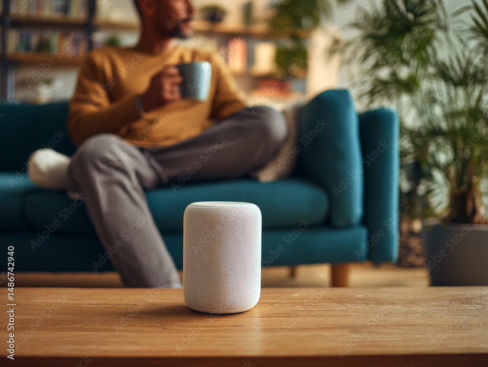 Obraz premium Smart Speaker in a Modern Living Room: Enhancing Home Technology and Comfort with Contemporary Design