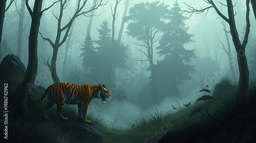 Tiger ambush in misty forest. Eldertide Mist. Illustration