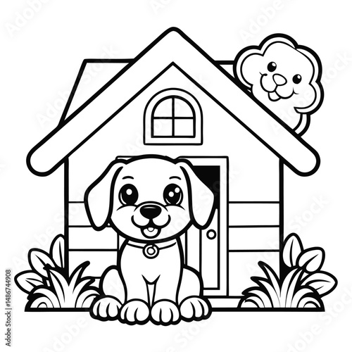 Cute Puppy in Dog House Coloring Page: Free Printable Coloring Page
