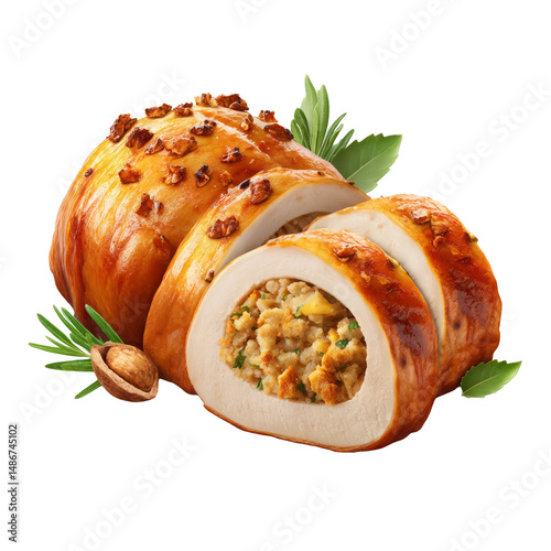 Delicious roasted chicken breast stuffed with savory stuffing and walnuts, sliced