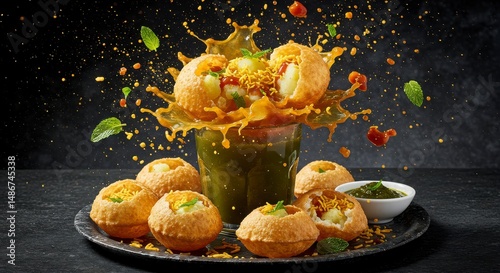 Captivating pani puri display with splash and dark backdrop, Indian snack