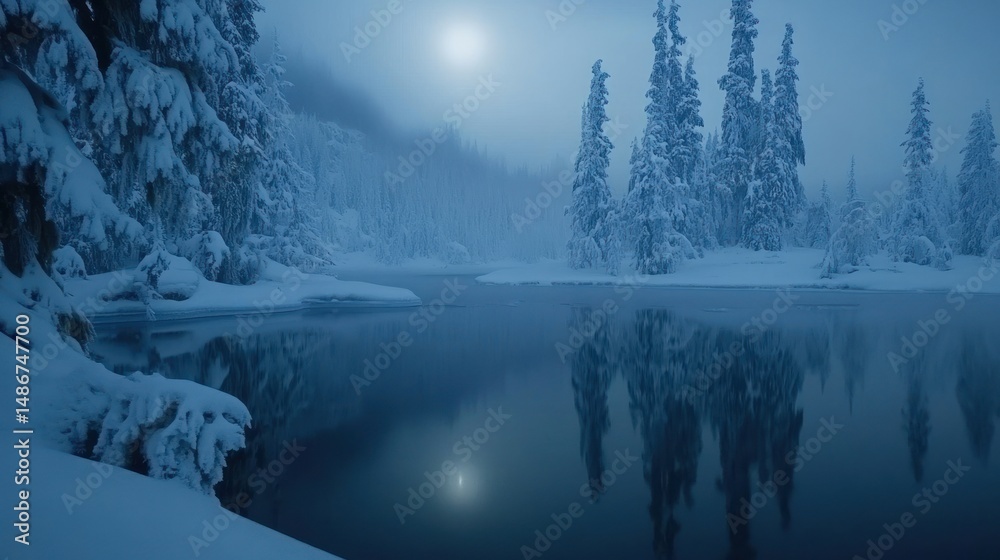Fototapeta premium Serene winter lake reflection under moonlight snow covered pine trees